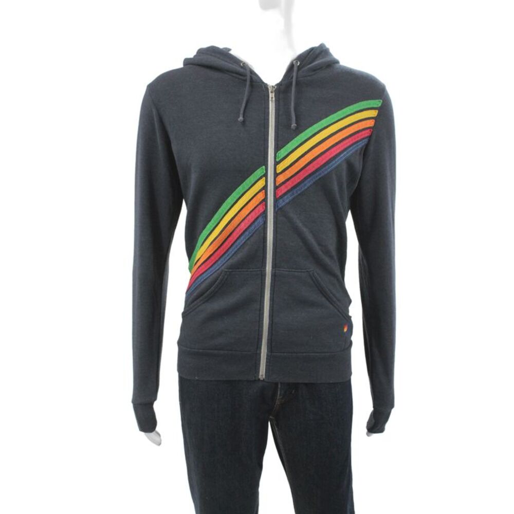 Aviator Nation Unisex Black Striped Full Zip Hoodie High Neck Size M